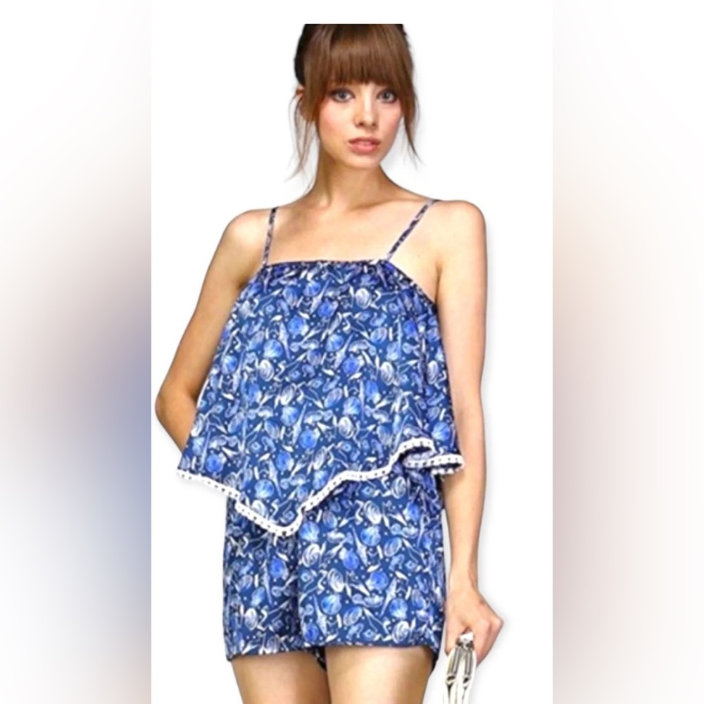 Madeleine Blue Printed Pom-Pom Trim Romper